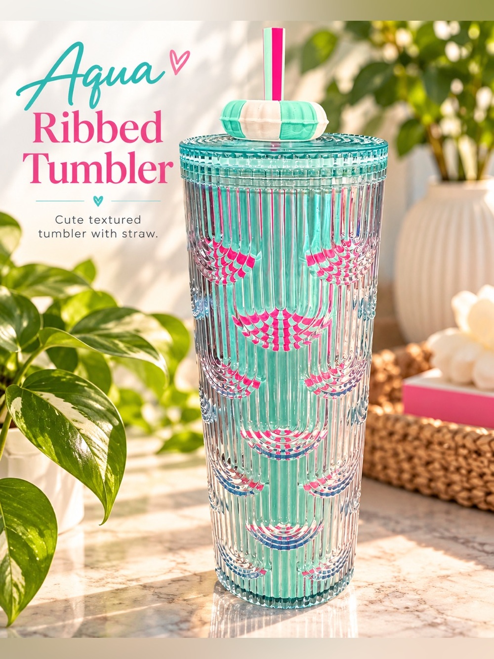 Starbucks Aqua Ribbed Tumbler with Pink Accent Straw
